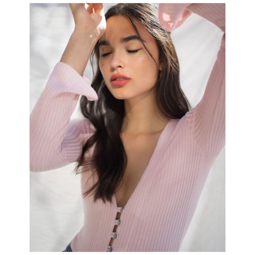 REFORMATION Pink Ribbed Long Bell Sleeve Button Front  Gellar Knit Top